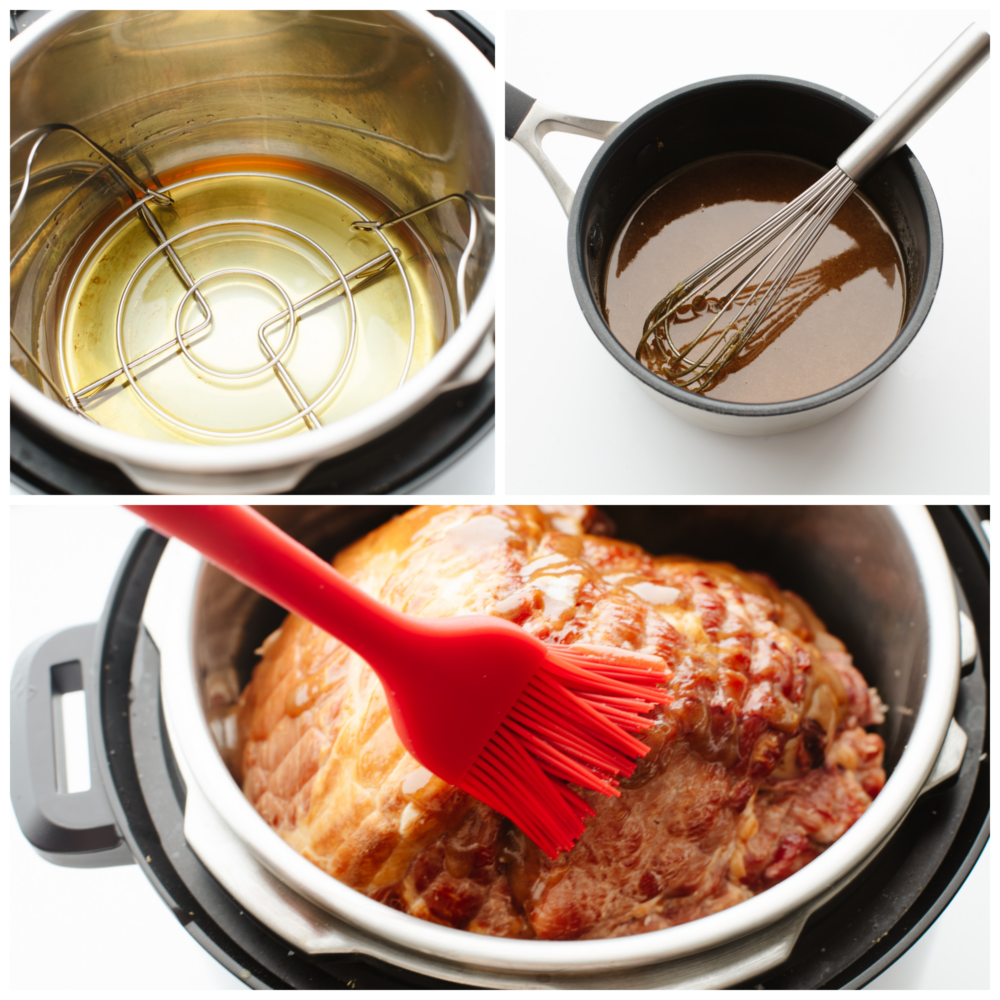 This instant pot ham is juicy, full of flavor, and cooked so that there is a caramelized glaze, making this ham taste like a slice of heaven! It will have every guest at your dinner table asking for the recipe! 3 pictures showing how to make the glaze, brush on the glaze and add the ham to the instant pot.