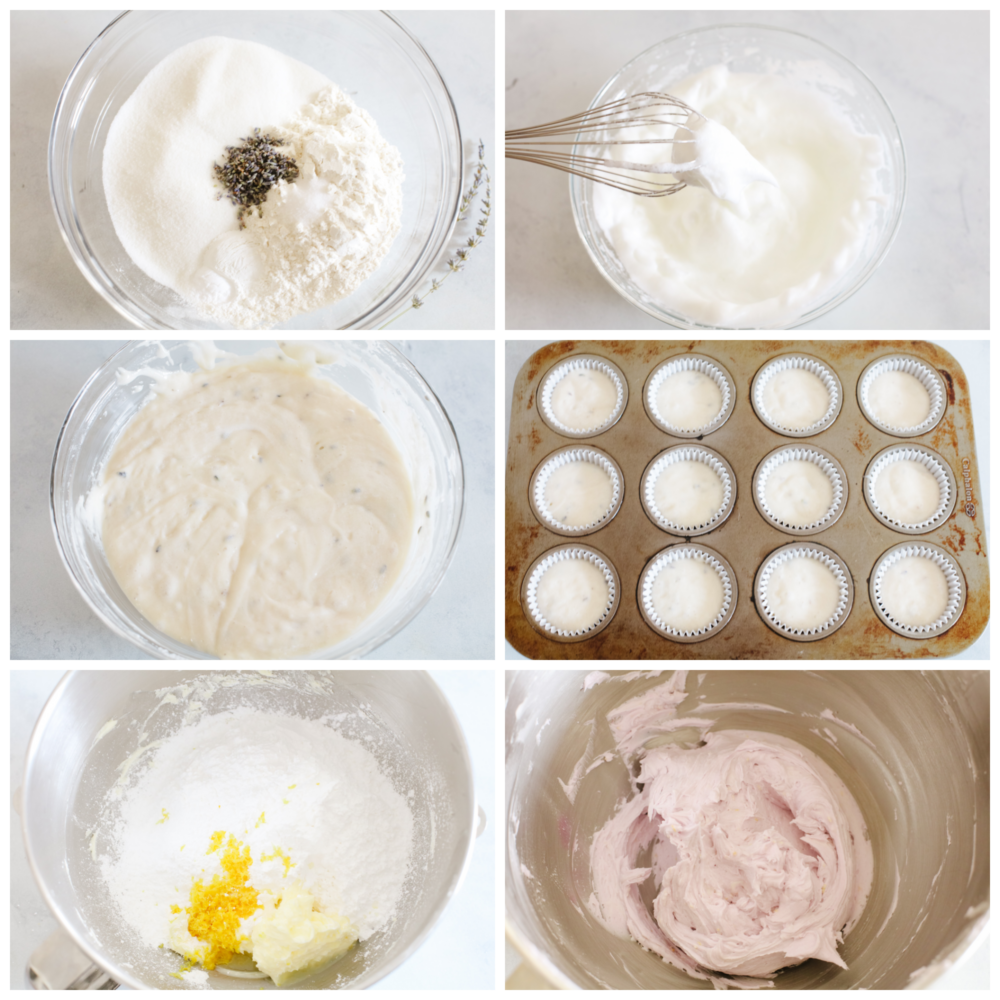 These lovely lavender cupcakes are delicate and delicious. The cake base is lavender flavored and has a lemon buttercream frosting on top, making them perfect for any special occasion! 6 pictures showing the steps of how to make cake batter and frosting.