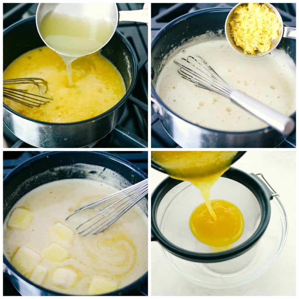 This Easter cake is absolutely divine! A perfectly moist cake with a lemon curd filling and a delicious buttercream frosting will be sure to get a "WOW!" From all of your guests this Easter season! 4 pictures showing how to make lemon curd.