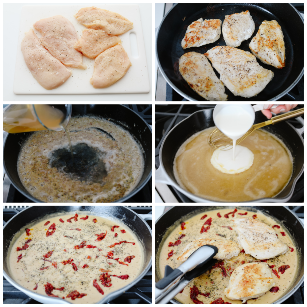 Marry me chicken is juicy and flavorful and smothered in a creamy parmesan sauce. Seasoned with savory herbs and sun-dried tomatoes, this dish will melt in your mouth, and will leave you begging for a proposal! 6 pictures showing how to cook the chicken, make the sauce and cook them together in a skillet.