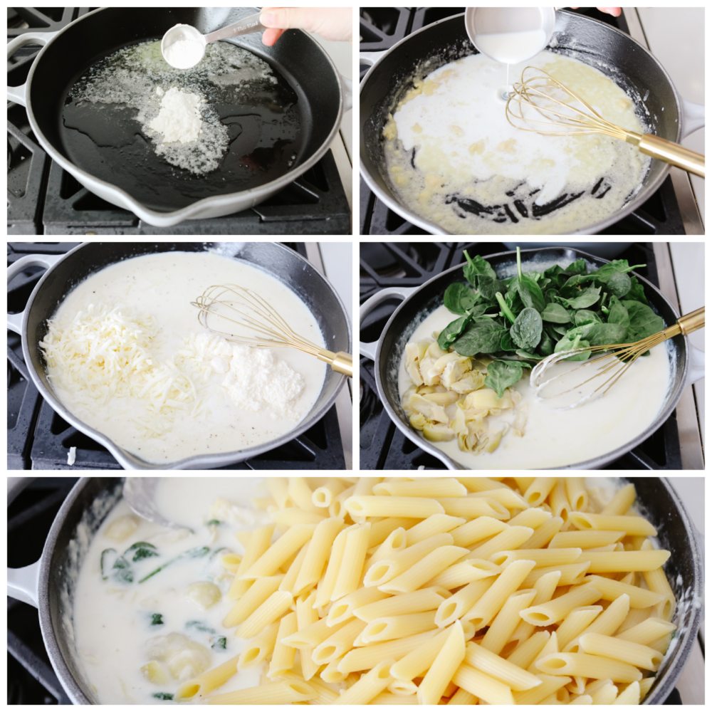 Spinach artichoke pasta is the perfect marriage of hearty and fresh! These ingredients complement each other and blend together so seamlessly that you will be asking for seconds in no time! 5 pictures showing steps for how to make the sauce, add the spinach and artichokes and add the cooked pasta.