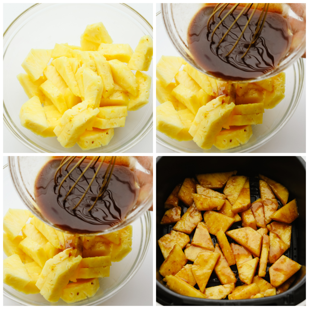 This amazing air fryer brown sugar pineapple is the easiest and most delicious snack! So juicy and sweet, this warm pineapple will become your new favorite way to eat this tropical fruit! 4 pictures showing how to pour a brown sugar mixture onto pineapple slices and put them into the air fryer.