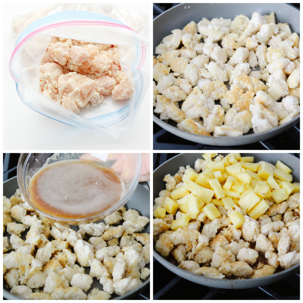 This crispy, saucy chicken is every pineapple lover's dream! Pineapple chicken is the best mix of sweet and savory. It's a quick and easy dinner that your family will go crazy over! Process photos of battering chicken and preparing sauce.
