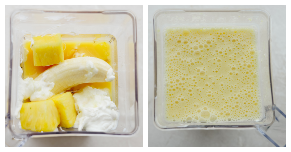 This pineapple smoothie will transport you to a tropical oasis! It has the perfect pineapple flavor combined with orange juice, banana, and some yogurt. If you are looking for the perfect summertime treat, this is it! The top view of smoothie ingredients in a blender before and after blending.