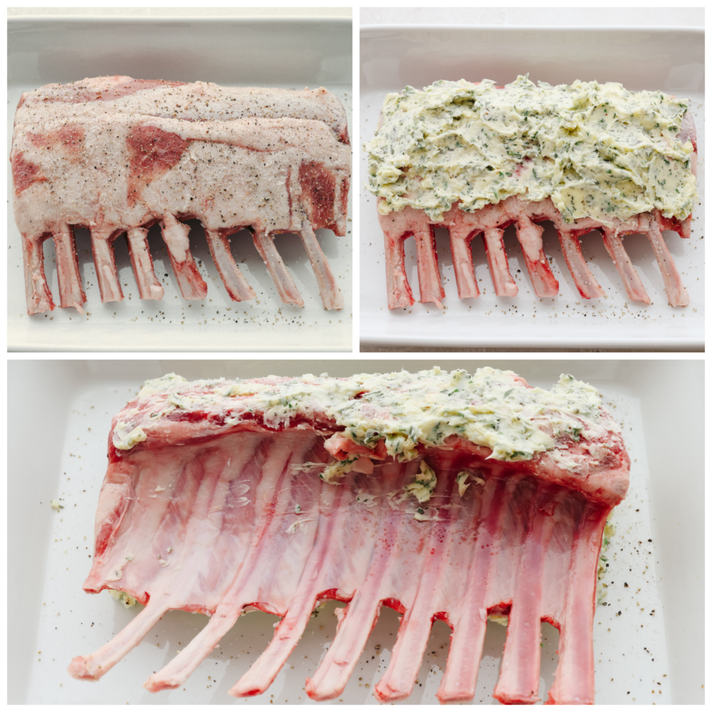 Mouthwatering and delicious, this garlic herb-crusted rack of lamb is the most amazing main dish that you could ever offer to your guests! Beautiful, delicious, and impressive; it checks all of the boxes! 3 pictues showing a butter spread being put onto a raw rack of lamb.