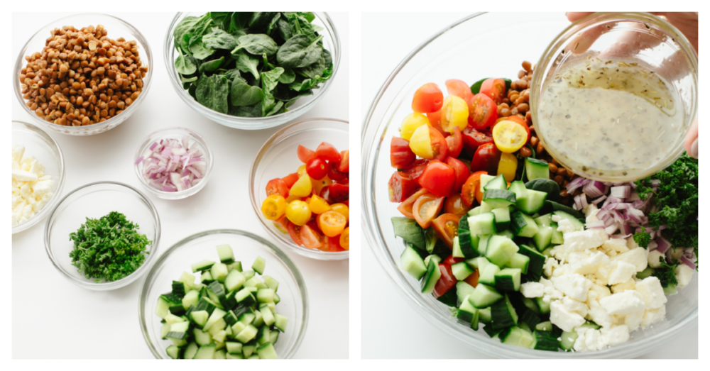 This hearty salad is a keeper! Filled with green lentils, spinach, cucumber, and crumbled feta cheese, drizzled with smooth Italian dressing, lentil salad is the best way to put a boost of flavor and nutrition into your day. One photo of salad ingredients separated in bowls, one photo of mixing everything together with salad dressing.