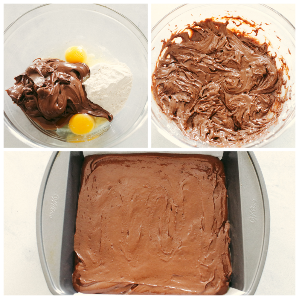 This super easy 3-ingredient brownie recipe is the only one you'll ever need! These brownies are rich and fudgy, the perfect solution for when you're craving chocolate! Process shots of preparing brownie batter and adding to pan.