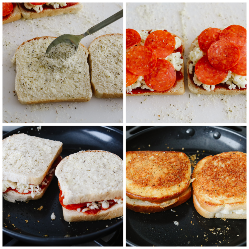 This amazing pizza grilled cheese has all the melty goodness of a classic grilled cheese sandwich combined with the flavor of pepperoni pizza! It's a quick and easy meal everyone in your family will love. 4-photo collage of a pizza grilled cheese sandwich being prepared with fillings and cooked in a skillet.