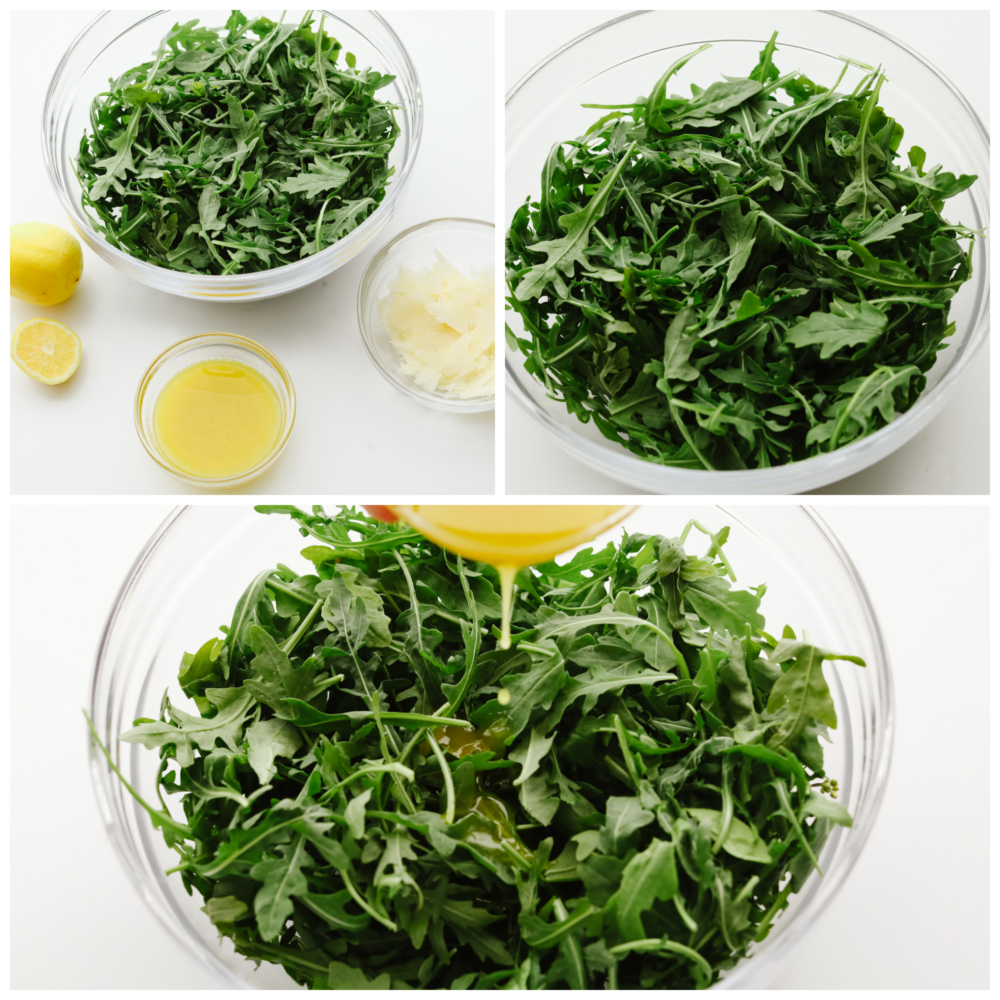 This classic and simple arugula salad will elevate any meal! With only a few ingredients, it comes together quickly, and the flavors of the arugula, Parmesan Reggiano, and lemon vinaigrette really shine together. Photos of homemade lemon vinaigrette being tossed with baby arugula leaves.