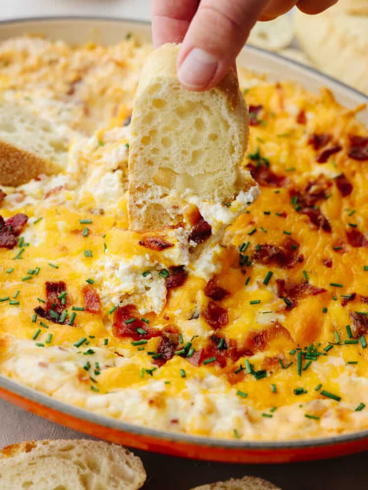 Creamy and packed with flavor, this baked bacon dip is to die for! You will love all of the ingredients that come together to make it the best dip that you've ever had! A clice of crostini being dipped into baked bacon dip.