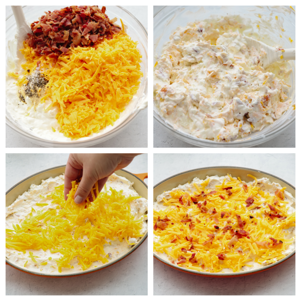 Creamy and packed with flavor, this baked bacon dip is to die for! You will love all of the ingredients that come together to make it the best dip that you've ever had! 4 process pictures showing how to add the ingredients to the bowl, mix them together and garnish them with bacon and cheese.