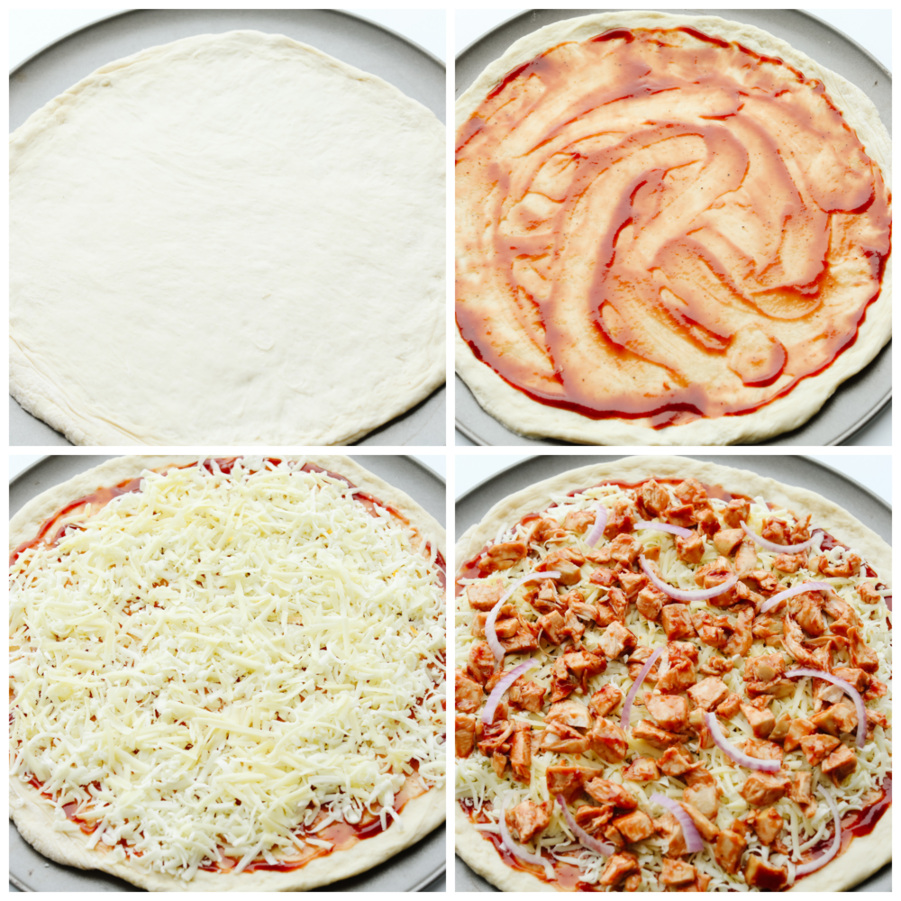 Jam-packed with onions, cilantro, cheese, BBQ sauce, and chicken, this pizza will be a hit with your family! Using a pre-made crust makes this recipe easy and delicious! 4 pictures showing how to add toppings to the pizza dough.