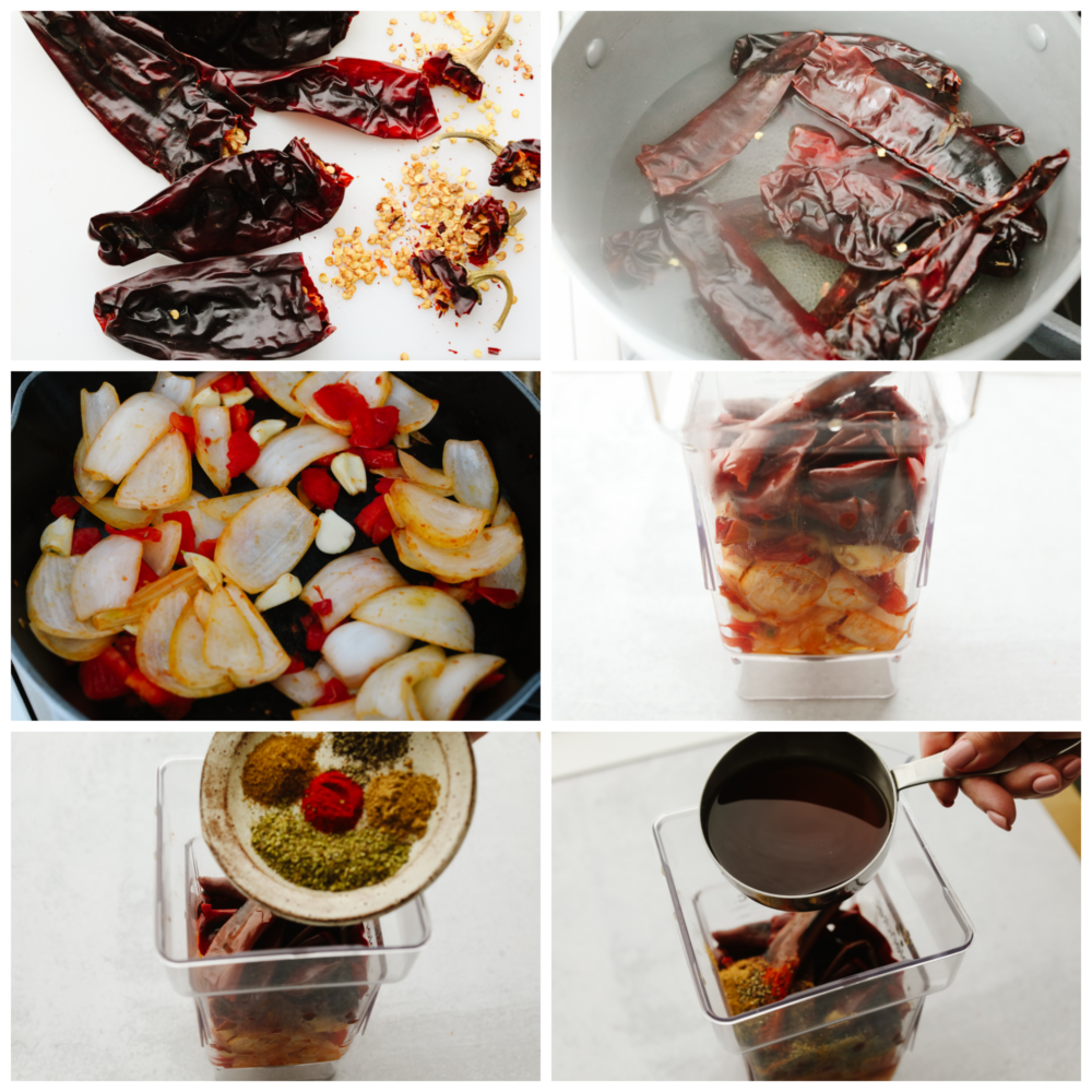 These Birria tacos are packed full of flavor! They are filled with beef and Mexican flavorings that are so delicious that you will definitely need to come to this meal hungry because you will for sure be asking for seconds! 6 pictures showing how to cook the vegetbales and chilies and blend them into a sauce.