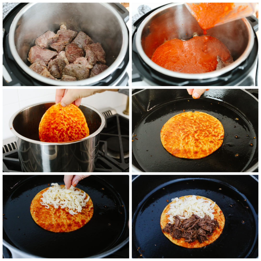 These Birria tacos are packed full of flavor! They are filled with beef and Mexican flavorings that are so delicious that you will definitely need to come to this meal hungry because you will for sure be asking for seconds! 6 pictures showing how to cook the birria taco meat in the instant pot, cook the tortillas and add the filling.