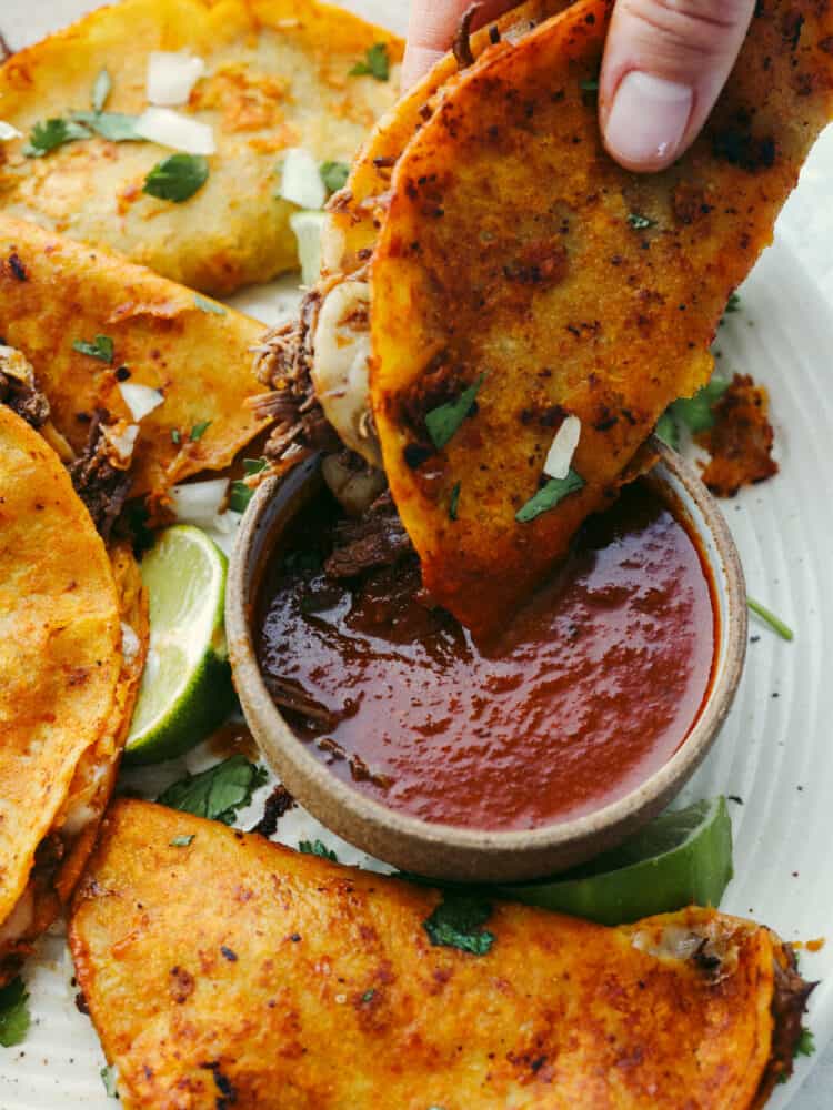 These Birria tacos are packed full of flavor! They are filled with beef and Mexican flavorings that are so delicious that you will definitely need to come to this meal hungry because you will for sure be asking for seconds! A close up of a birria taco being dipped into sauce.