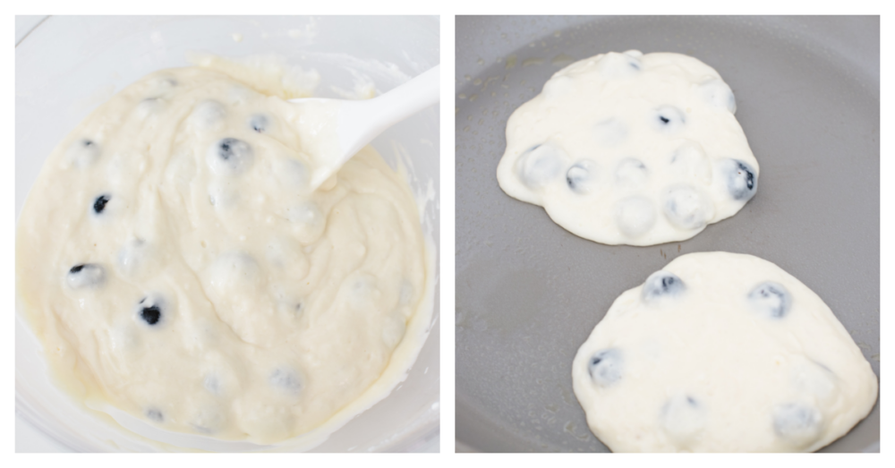 Blueberry pancakes are a classic breakfast option for a good reason... They are the best! Soft, fluffy, and packed with fresh, juicy blueberries, you won't be able to stop at just one! 2 pictures showing pancake batter in a bowl and then being cooked as pancakes on a skillet.