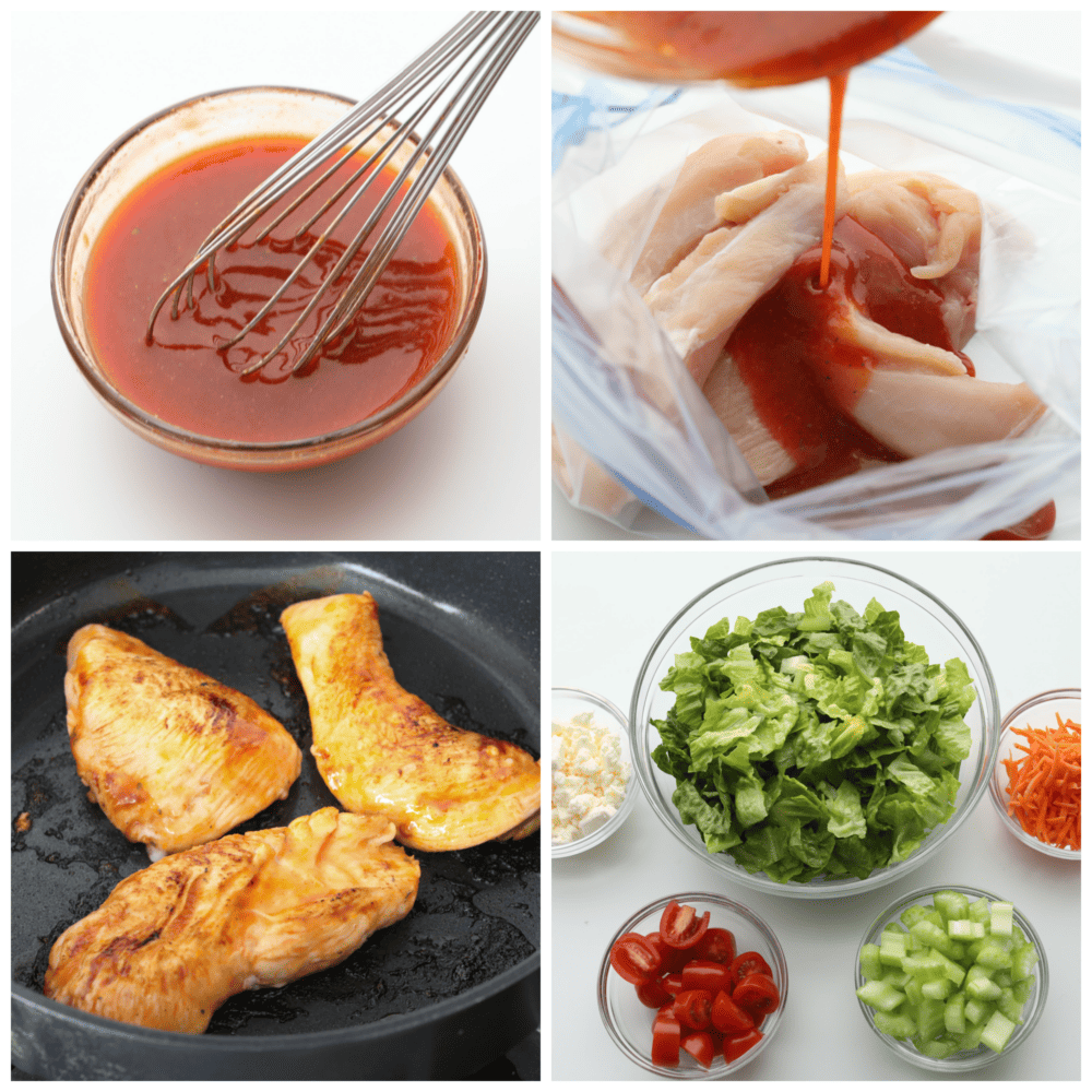 This buffalo chicken salad is packed with fresh vegetables, feta cheese, and the perfect buffalo chicken. Layer this with some homemade dressing, and you'll have your new go-to salad recipe! 4 pictures showing how to make the marinade, add it to the chicken, cook the chicken and mix the salad ingredients.