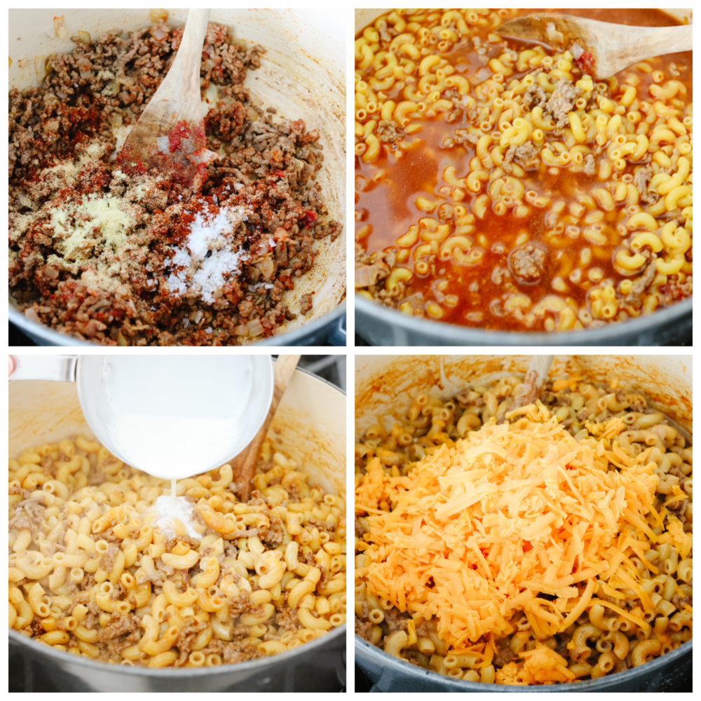 A classic comfort dish that your entire family will love is this homemade hamburger helper! Cheesy noodles, meat, and delicious flavor make this recipe a go-to for any family with picky eaters! 4 pictures showing how to add ingredients to the pan and mix them all together.