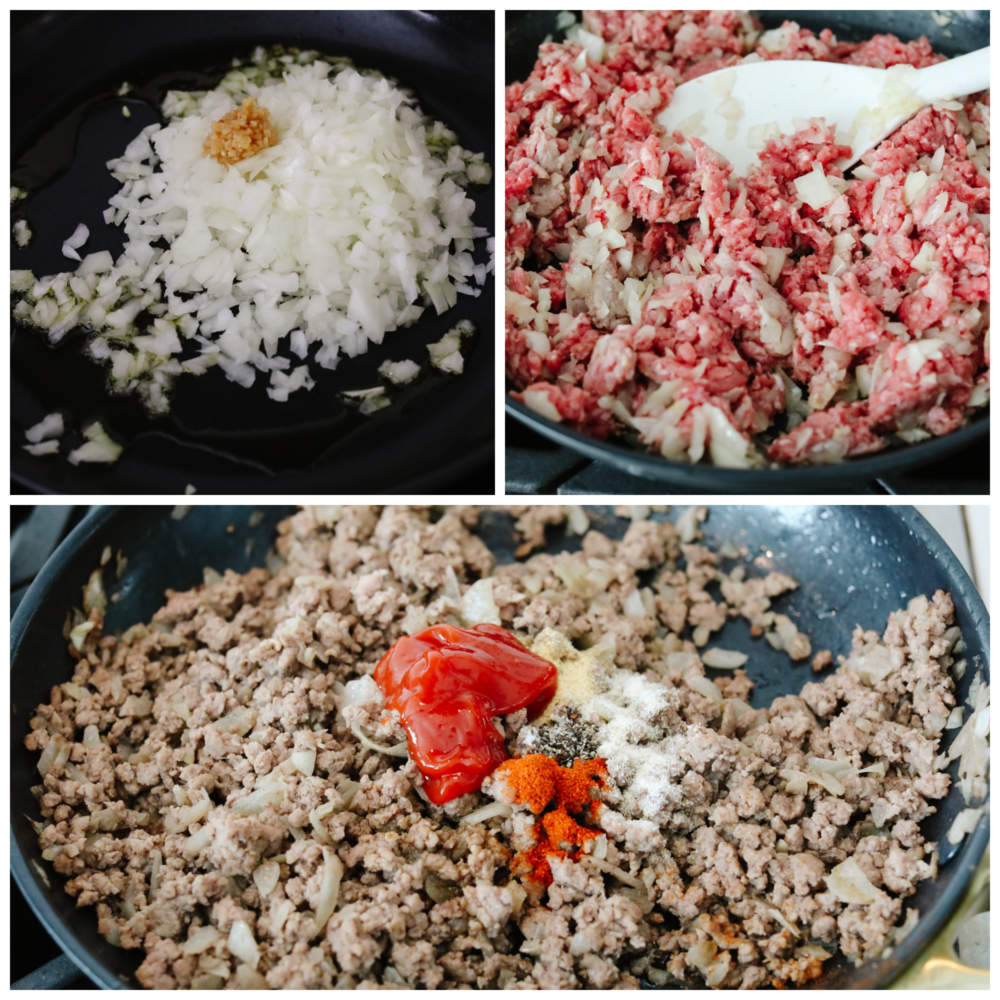 Cheeseburger eggrolls have all the beefy, cheesy goodness of a burger but inside a crispy shell! Make this delicious appetizer for your next get-together and I assure you, it will be a huge hit! 3 photos of filling being prepared.