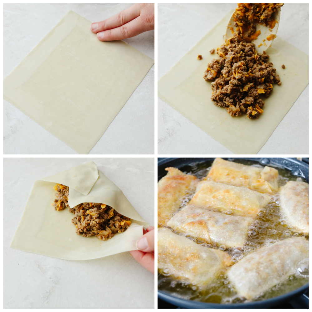 Cheeseburger eggrolls have all the beefy, cheesy goodness of a burger but inside a crispy shell! Make this delicious appetizer for your next get-together and I assure you, it will be a huge hit! 4 photos of filling being added to eggroll wrappers and then being fried in a pan.