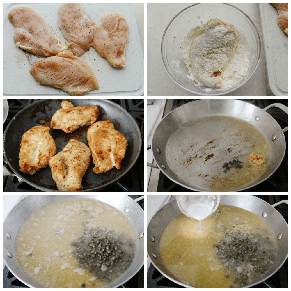 This chicken piccata is a light and delicious Italian dish that never disappoints. The juicy breaded chicken is smothered in a fresh lemon-caper sauce that explodes with flavor in every bite. 6 process photos of how to make chicken picaata. First picture is seasoned raw chicken breasts. Second picture is chicken dredged in flour. Thrid picture is pan seared cooked chicken. Fourth picture is empty skillet with garlic cooking. Fifth picture is capers and liquids added. Sixth picture is cornstarch mixture being added to thicken sauce.