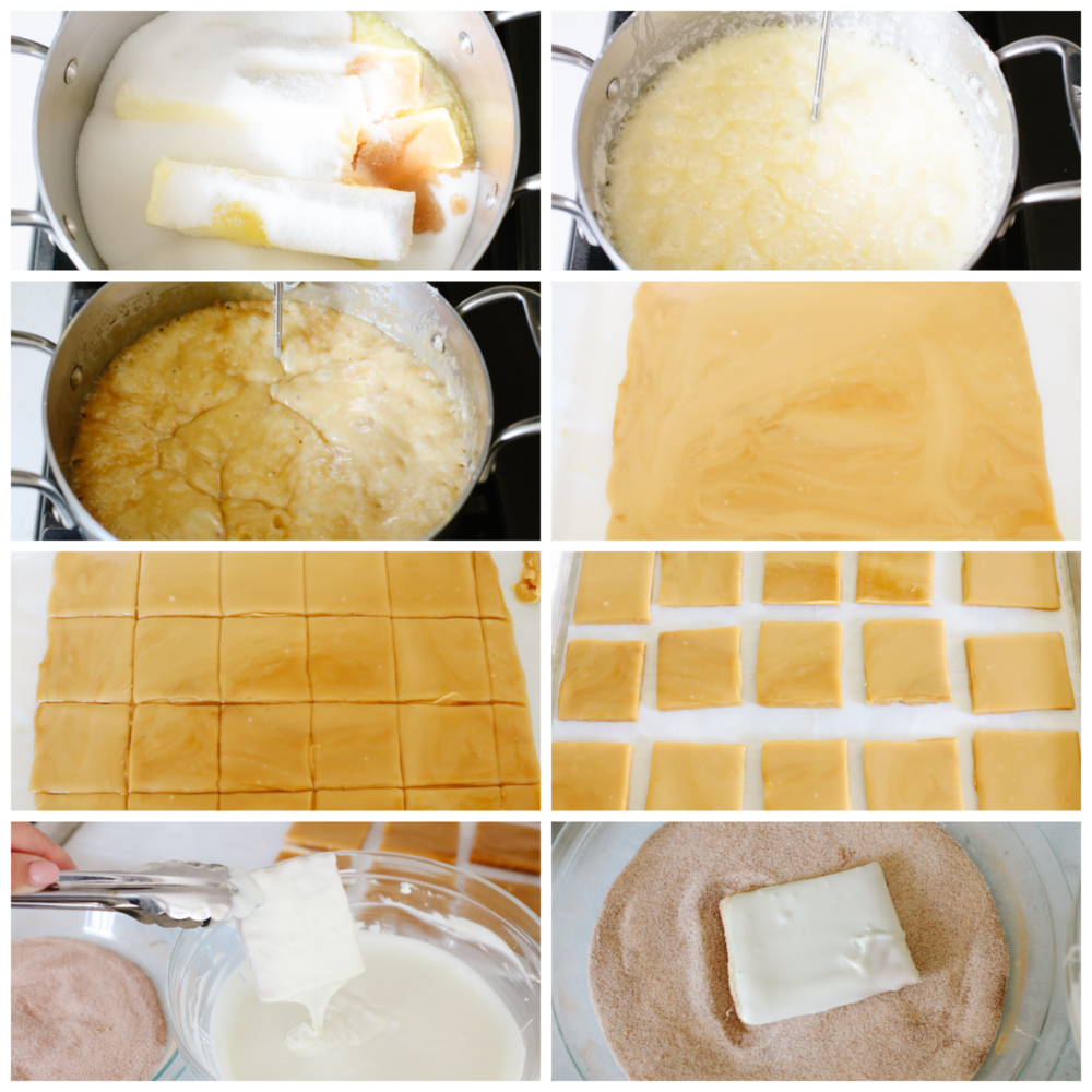 This churro toffee is covered in delicious white chocolate, sprinkled with cinnamon sugar, and leaves your mouth watering after just one bite! It's better than the stuff found at Disneyland, AND you can make it at home! 8 pictres showing how to mix the churro toffee on the stove, slice the pieves and coat it with topping.