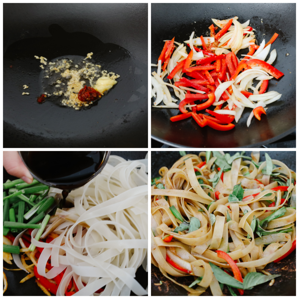 These drunken noodles (or spicy Thai noodles) are filled with delicious flavors! Coated in a perfectly savory sauce, these noodles will satisfy any Thai food craving! 4 pictures showing how to cook the noodles and add in the seasoning and vegetables.