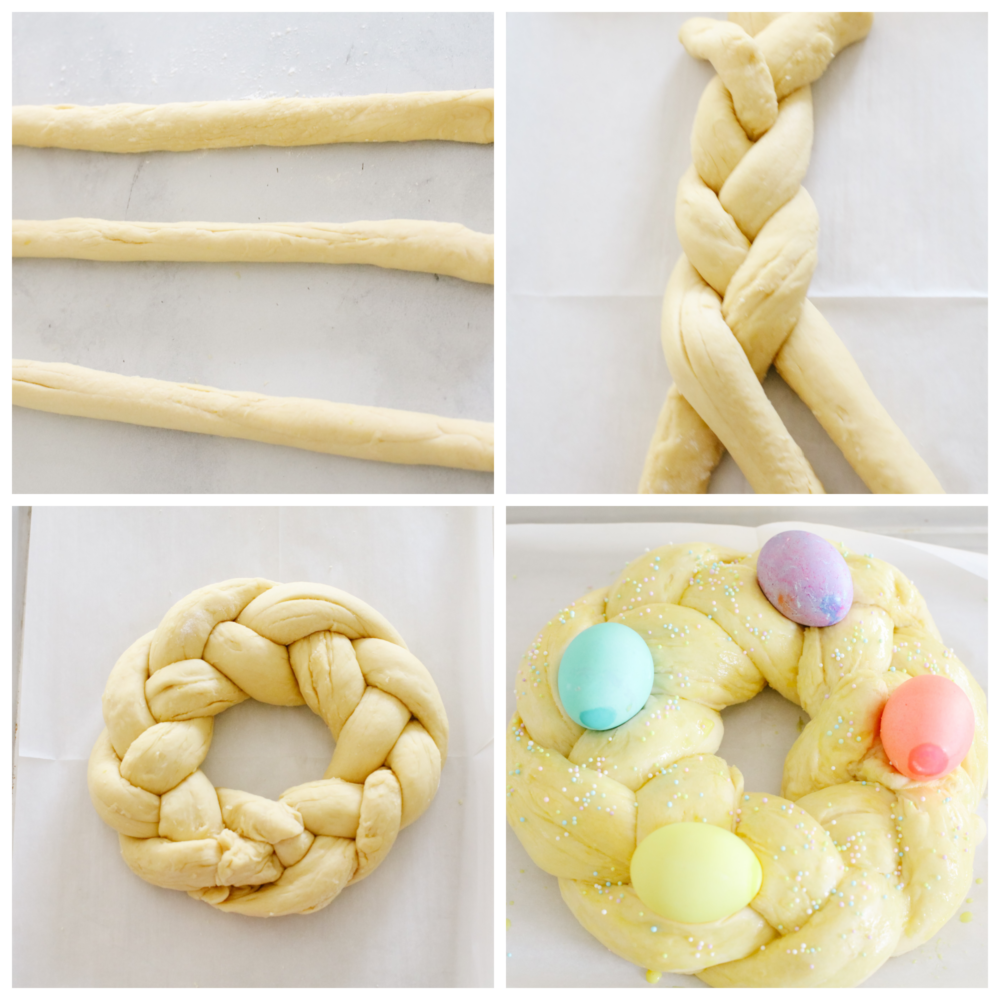 Easter bread is fluffy, sweet, and almost too cute to eat! This festive bread is sure to be a hit with its soft, tender texture and colorful presentation! 4 photos of braiding dough and adding sprinkles and decorations.