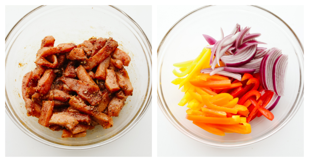 Celebrate with these insanely delicious and easy air fryer pork fajitas! They are restaurant-quality fajitas in the comfort of your own home, and your entire family will go crazy over them! 2 pictures showing raw, seasoned pork and vegetables in a glass bowl.