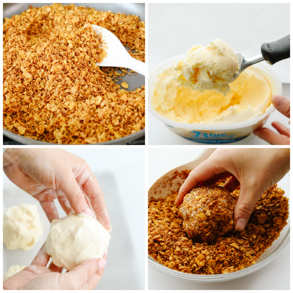 Get your sweet tooth ready, this fried ice cream recipe is the perfect combination of crispy and creamy! Vanilla ice cream is coated with buttery cinnamon sugar cornflakes for a texture your tastebuds will go crazy over! 4 process photos of preparing cornflake coating and shaping ice cream balls.