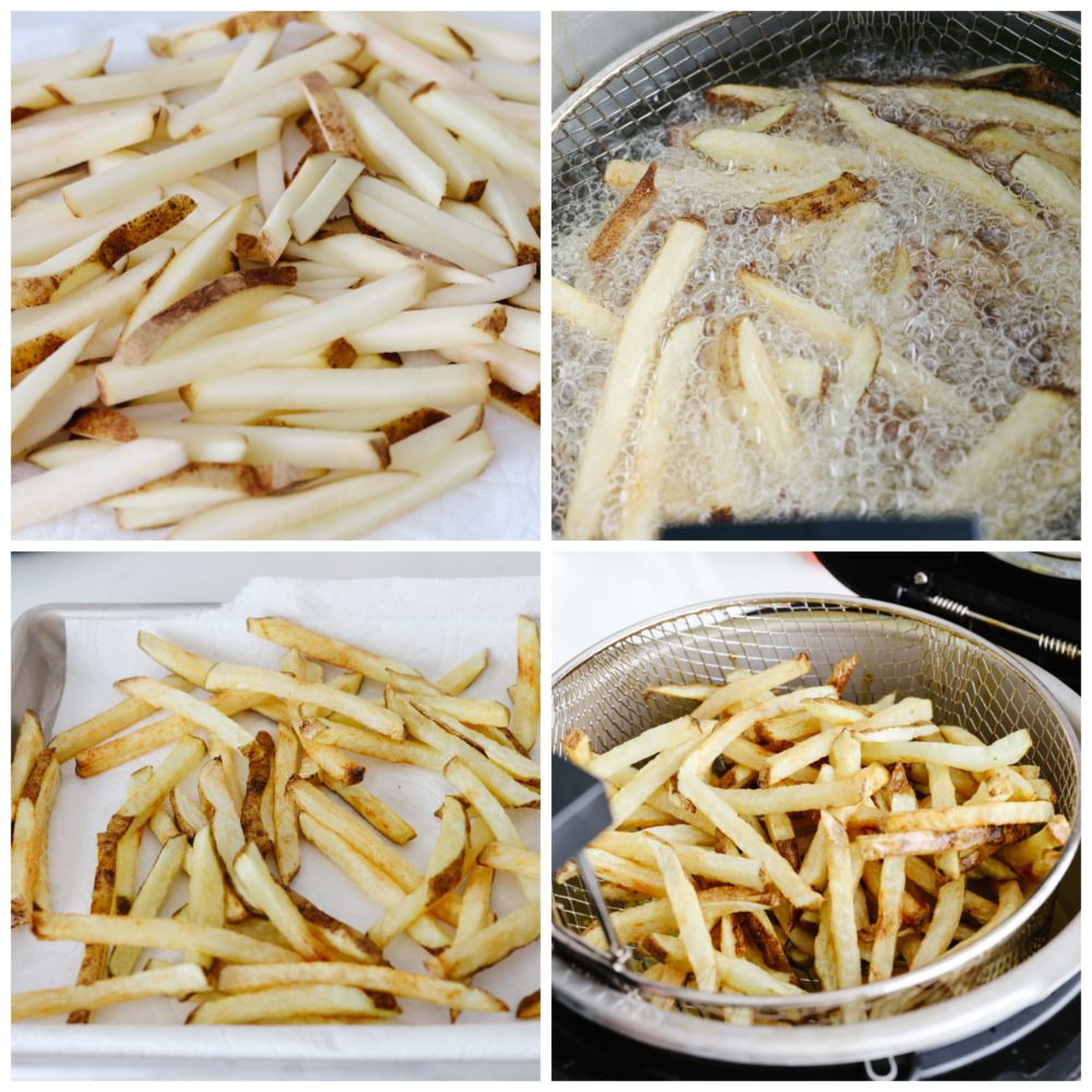 Try out these amazing Pommes Frites that are seasoned and cooked to perfection! They are the perfect side dish for just about anything. After all, everyone loves fries! 4 pictres showing how to slice potatoes, add them to oil and cook them.
