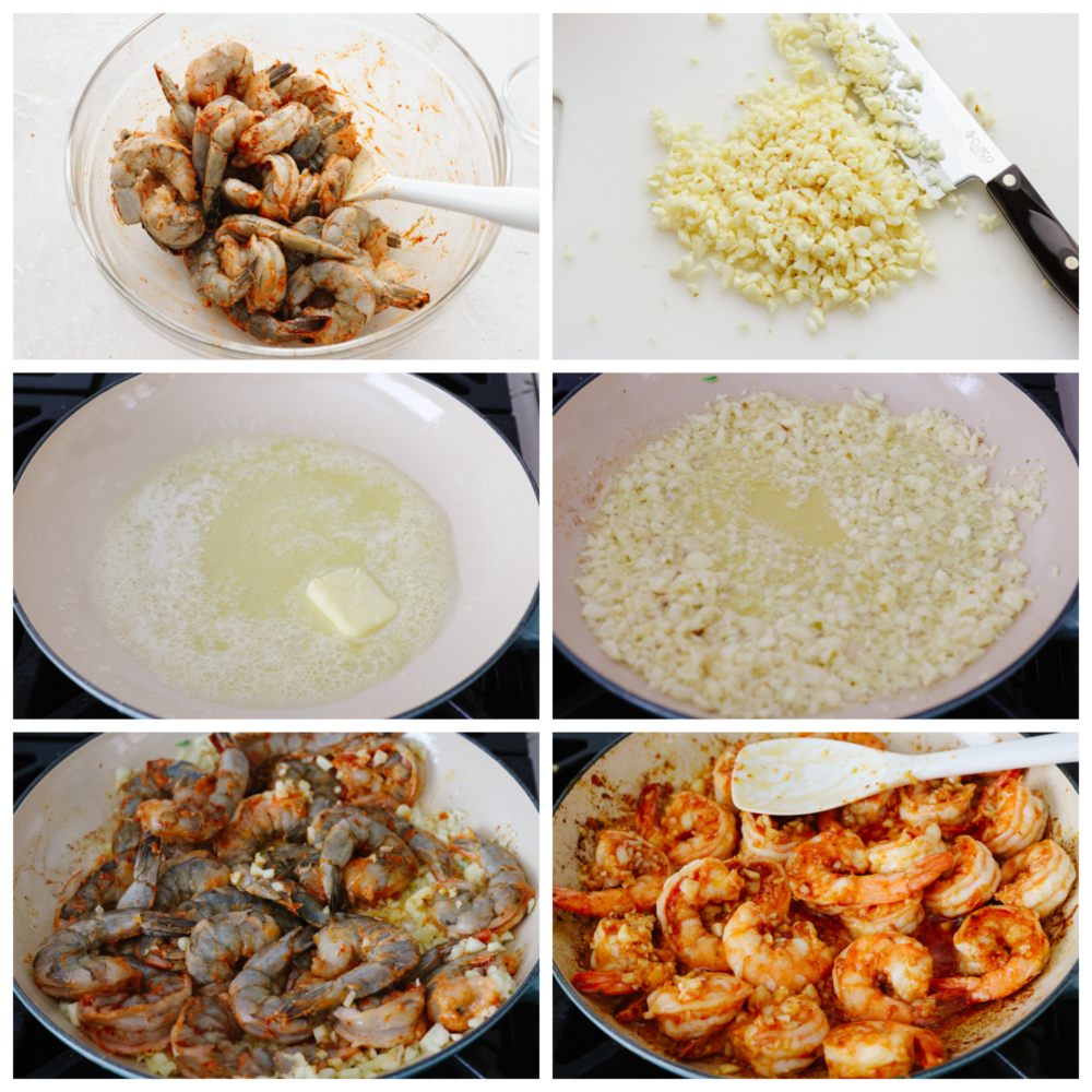 Hawaiian-style garlic shrimp is cooked up in a dreamy garlic butter sauce. Inspired by the food trucks in Hawaii, the punch of savory flavor in each bite will have you feeling like you're on vacation! Process photos of preparing shrimp and garlic butter sauce.