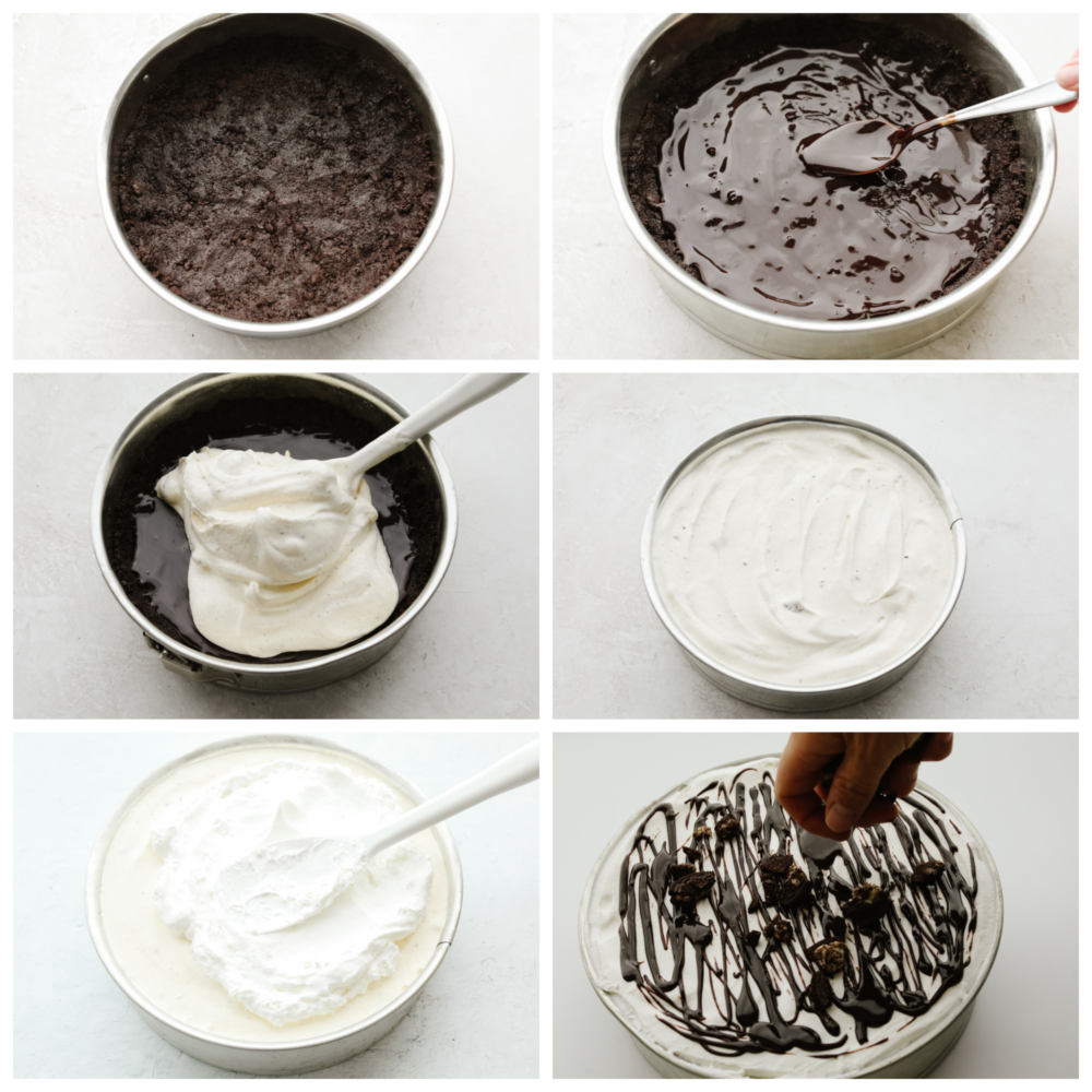Ice cream cake is the best of both worlds...ice cream in the form of a cake! This cookies and cream ice cream cake is exploding with layers of oreo cookies, ice cream, and gooey fudge sauce. 6 pictures showing the steps on how to add the layers to a springform pan.