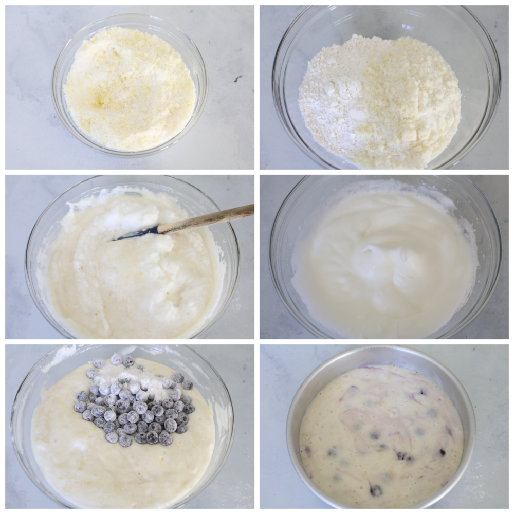 You have never seen a beautiful and equally delicious cake as this lemon blueberry cake! Elegant, delicious, and fit for any occasion, this cake will knock your socks off! 6 pictures showing how to mix the cake batter in a clear bowl.