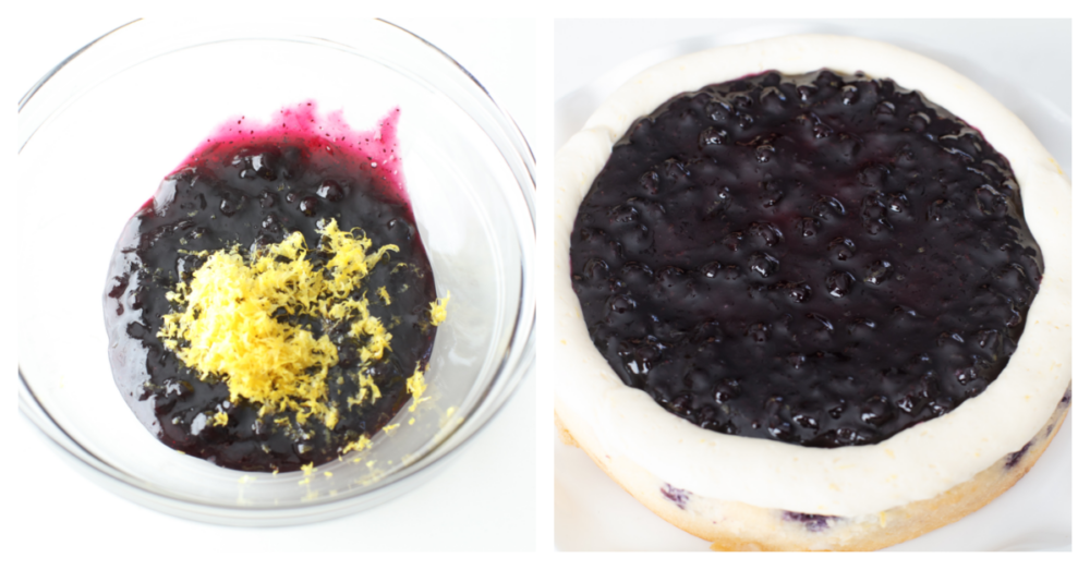 You have never seen a beautiful and equally delicious cake as this lemon blueberry cake! Elegant, delicious, and fit for any occasion, this cake will knock your socks off! 2 pictures showing how to make the blueberry filling and add it to the baked cake.