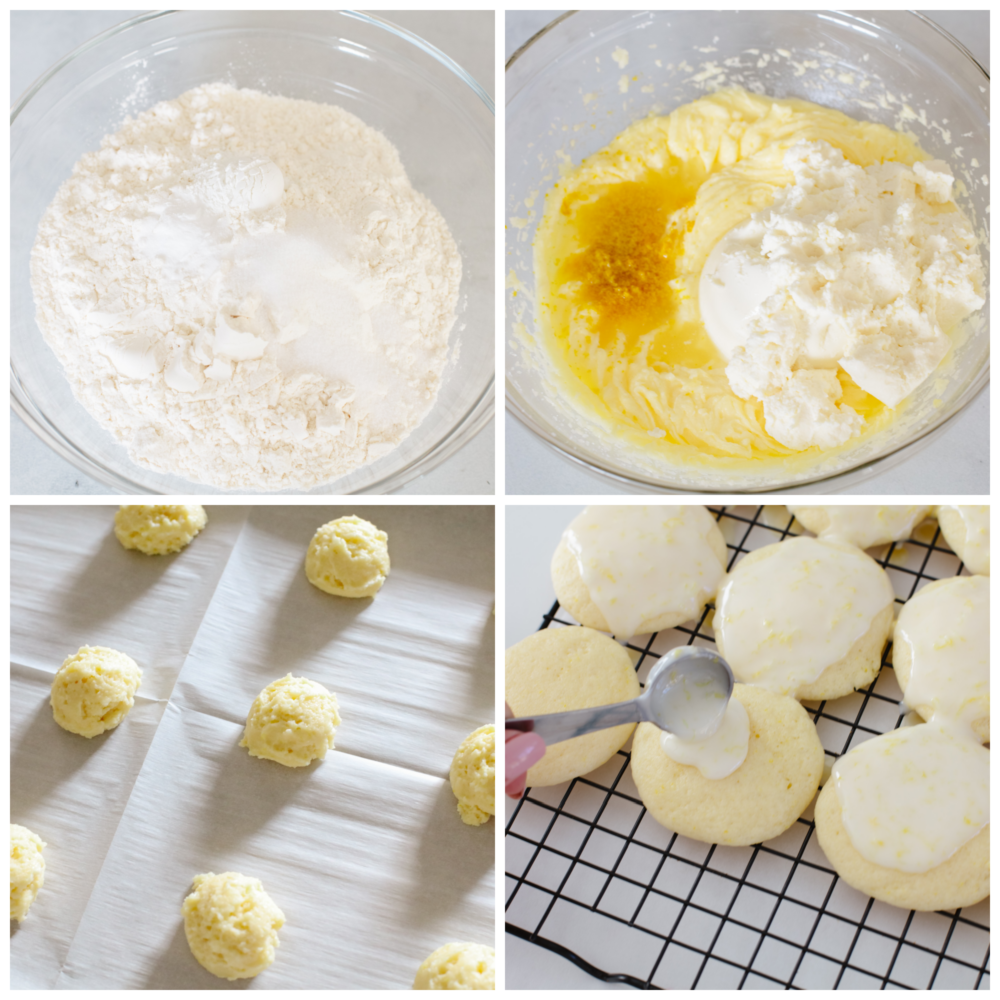 These lemon ricotta cookies are a lemon lover's dream come true! They are soft, moist, and drizzled with amazingly fresh lemon glaze. You will want to serve these up every chance that you get! 4 pictures showing how to mix lemon dough, scoop it onto parchment paper and then drizzle a glaze onto cooked cookies.