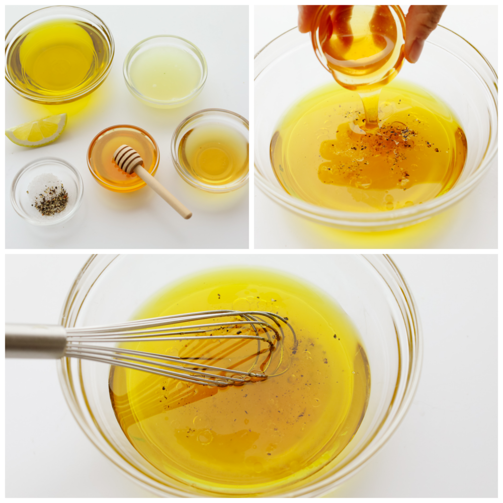 3 pictures showing how to measure out the ingredients and mix them together in large, glass bowl.