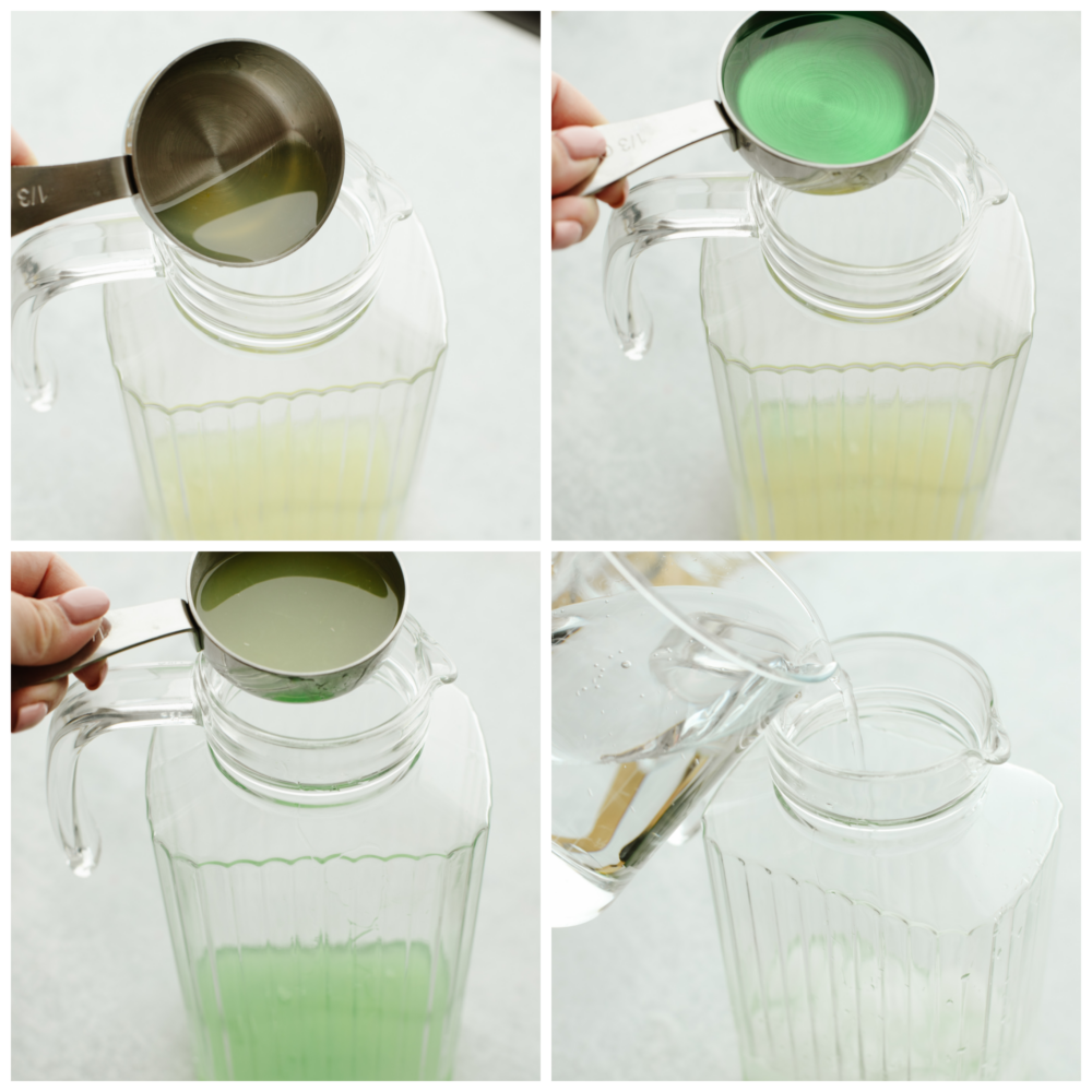 If you are looking for a delightfully refreshing, non-alcoholic drink to get you through all of the hot summer days ahead, this Mint Julep is it! The cool flavorings of mint, cherry, and lemon mix together to create an array of flavors that will satisfy your thirst! 4 pictures showing how to add all of the ingredients to a clear, glass, ribbed pitcher.