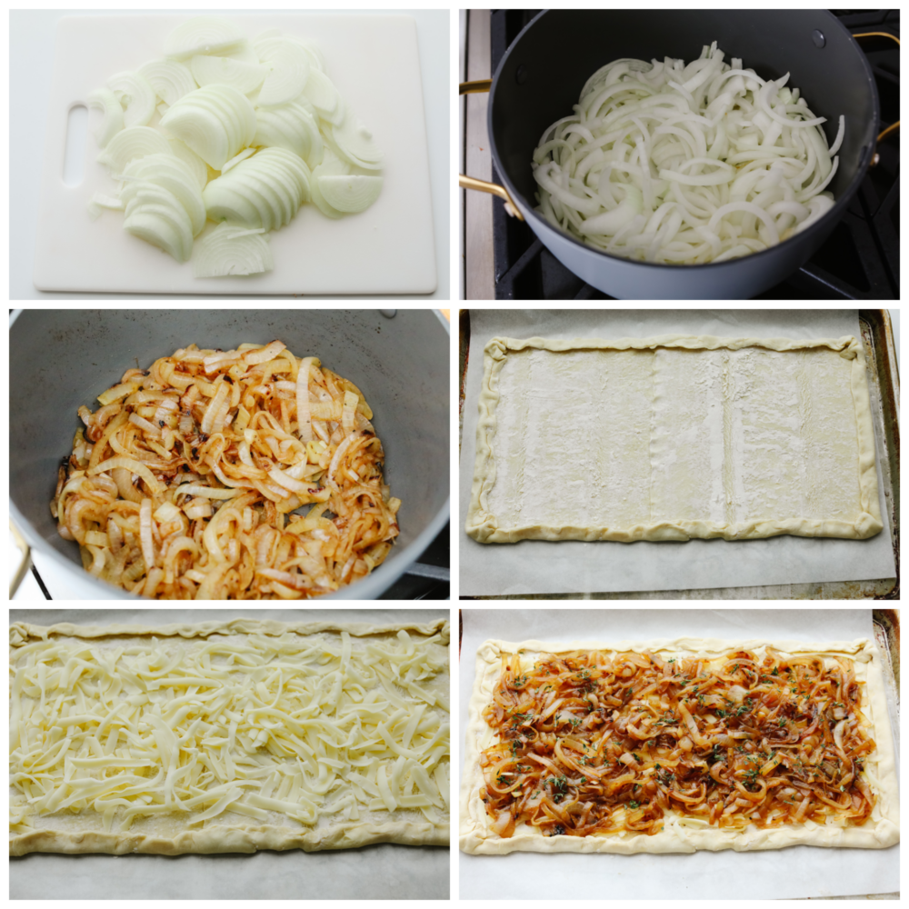 This tender and delicious puff pastry topped with caramelized onions makes the perfect appetizer or side dish! It is insanely delicious and worth being served at any party or get-together! 6 pictures showing how to cook caramelized onions, how to add them to a puff pastry and get it ready to go into the oven.