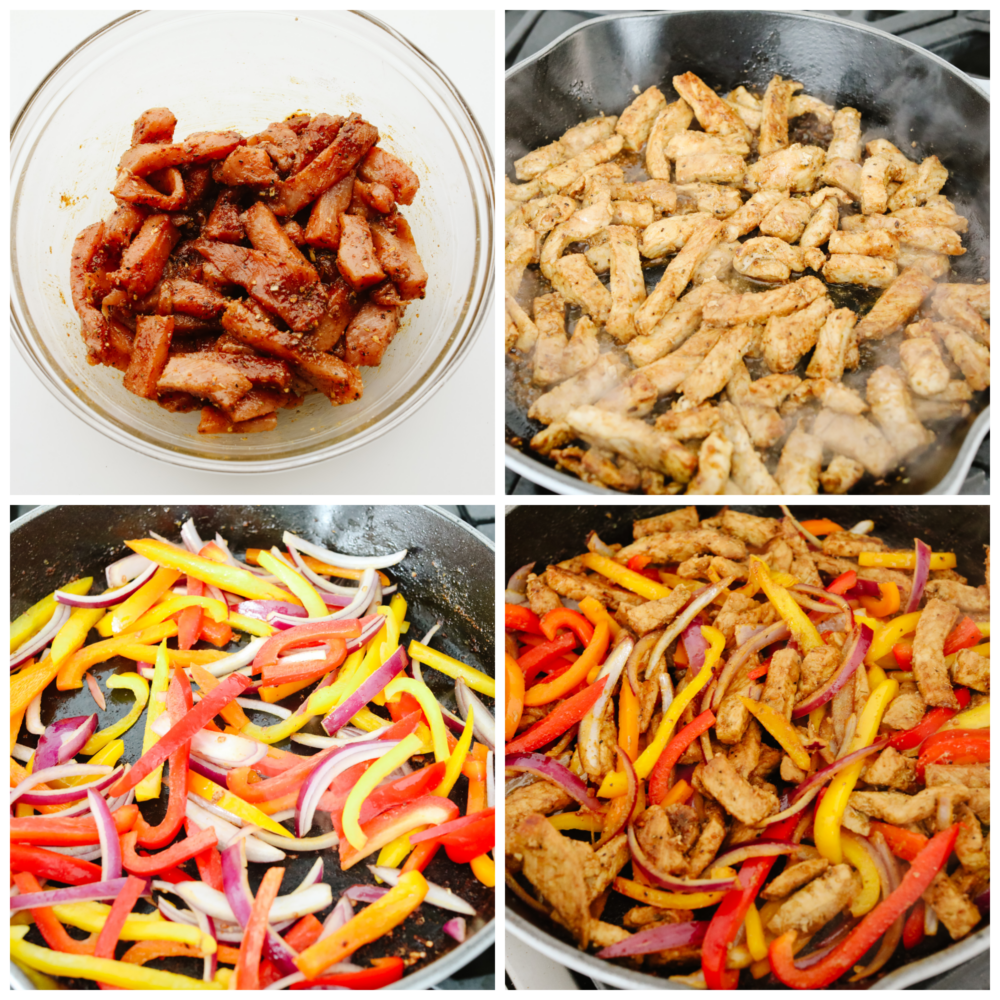 These easy pork fajitas are bursting with all your favorite Mexican flavors! The lean pork, fresh peppers and onions, fajita seasonings, and soft tortillas will have you coming back for more! 4 pictures showing how to season and cook the meat and then add in the vegetables.
