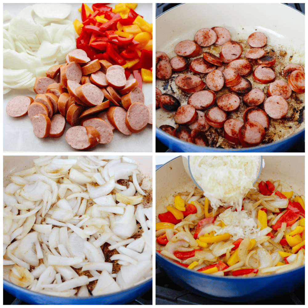 and flavored kielbasa layered in a bed of savory sauerkraut, this is a meal that your entire family will love! It's packed full of veggies and it's ready to eat in less than 30 minutes! 4 pictures showing how to brown kielbasa, cook vegetables and add in the sauerkraut.