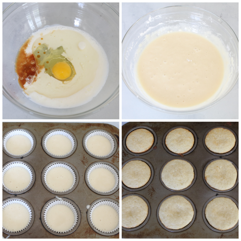 Refreshing and delicious, these fresh strawberry shortcake cupcakes are so yummy and look like a showstopper! Once you have one, you won't be able to resist reaching for a second! 4 pictures showing how to make cupcake batter and fill the cupcake tin.