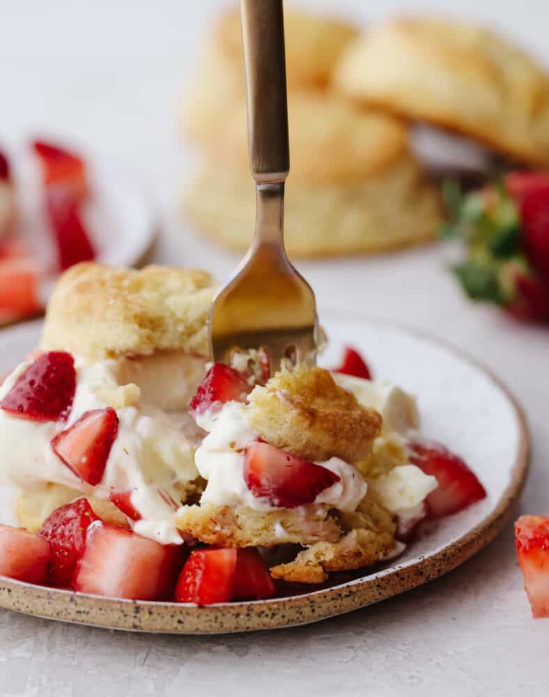 Strawberry Shortcake is an easy to make, simple sweet biscuit base, sweetened whipped cream, and fresh strawberries dessert! It's the perfect summer dessert and great for making ahead to serve to guests on a whim. A white speckled plate with strawberry shortcake being scooped up with a silver fork.