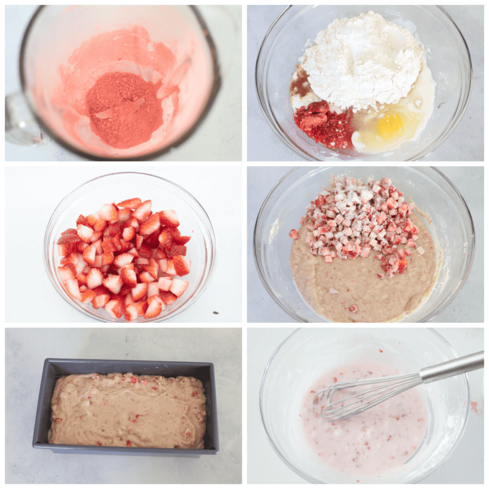 This strawberry quick bread is one of my all-time favorites! It is moist, packed with flavor, and drizzled with the most delightful strawberry glaze, which really brings all of the ingredients together. 6 pictures showing how to mix the strawberry batter , add it into a loaf pan and mix up the strawberry glaze.
