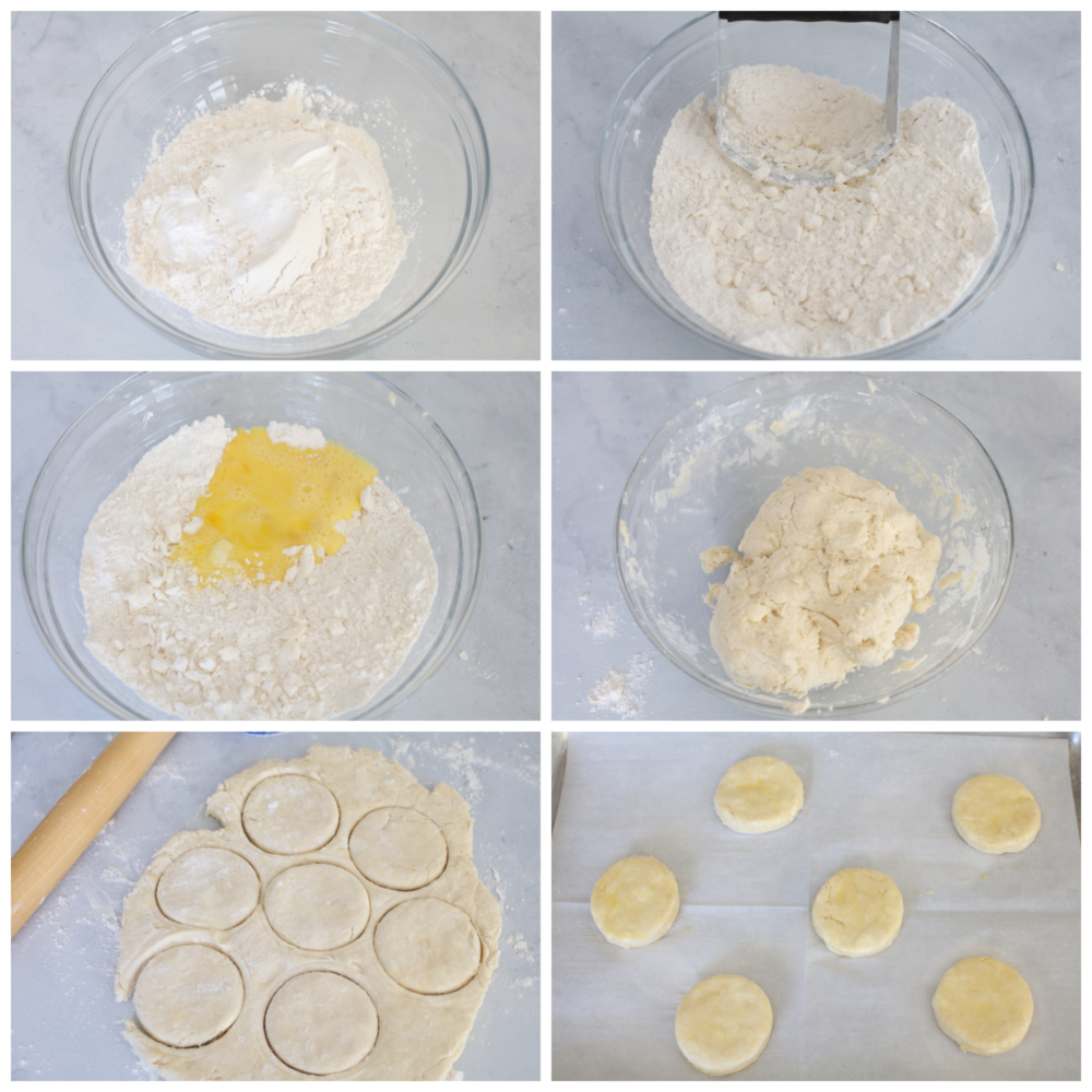 Strawberry Shortcake is an easy to make, simple sweet biscuit base, sweetened whipped cream, and fresh strawberries dessert! It's the perfect summer dessert and great for making ahead to serve to guests on a whim. 6 pictures showing how to make the biscuit dough and cut it into circles.