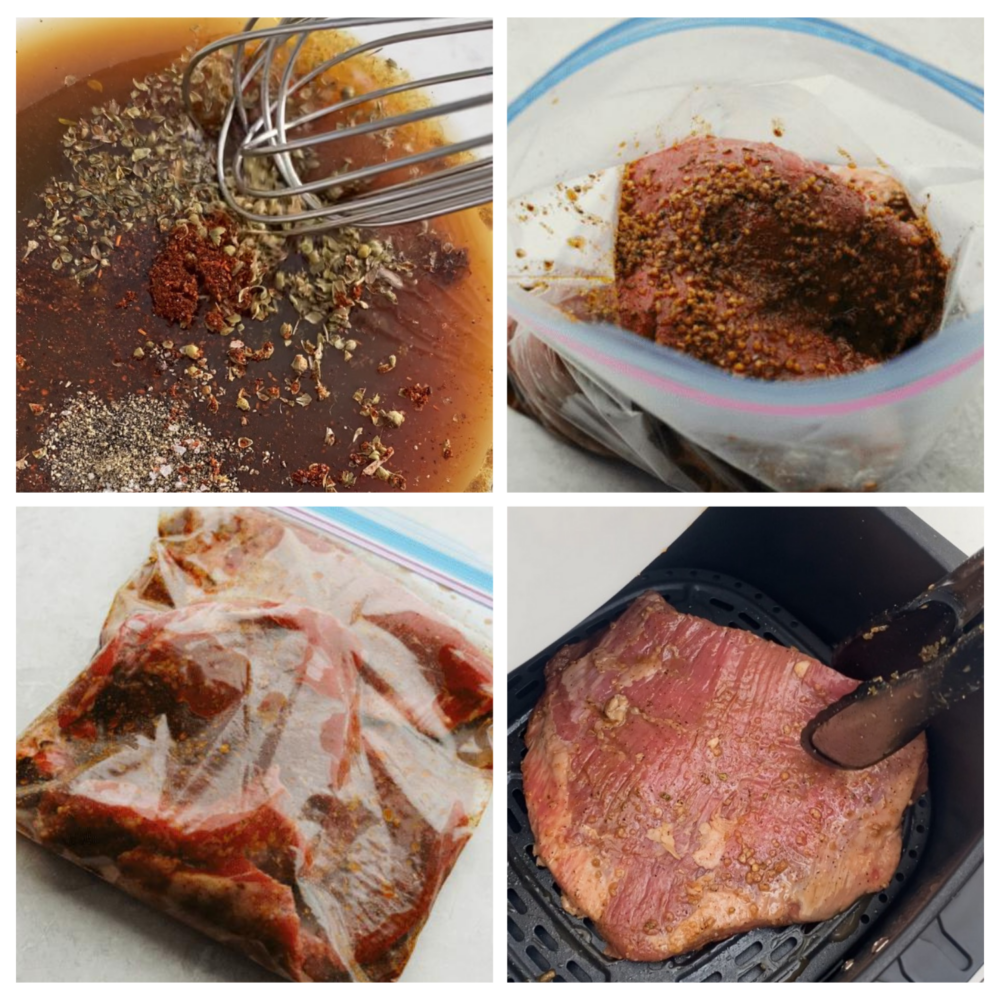 No more firing up the grill to enjoy juicy and tender steak. This flavorful flank steak comes together quickly after it is marinated and air-fried to perfection! 4-photo collage of steak being marinated and added to an air fryer basket.