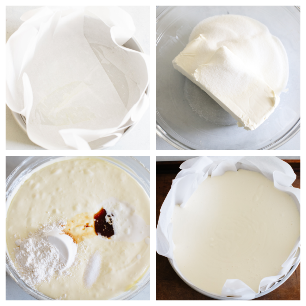 Try not to judge Basque cheesecake by its burnt outer layer because it's meant to be caramelized to perfection. You will be blown away by the rich and creamy Inside of this unique cheesecake. Four process shots of how to make Basque cheesecake. The first photo is the prepared pan with parchment paper inside. The second photo is cream cheese and sugar in a large bowl. The third photo is the blended ingredients in a bowl with flour and vanilla on top of the ingredients to be mixed. The fourth photo is a top view of the mixed ingredients in the prepared pan.
