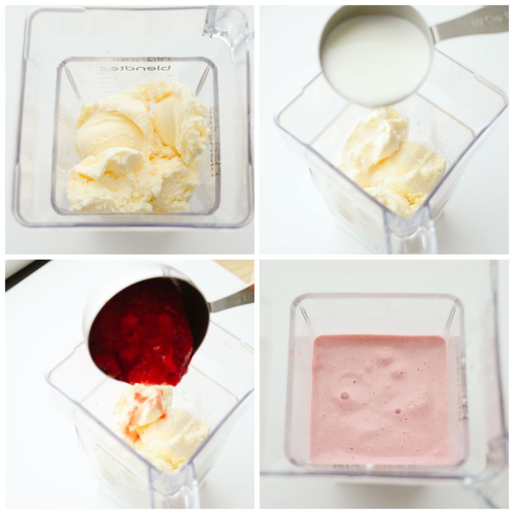 This strawberry milkshake is thick, creamy, and everything that you would hope a milkshake would be! Made with delicious strawberries, this classic dessert is sure to be loved by all! 4 pictures showing how to add all of the ingredients to a blender and blend.