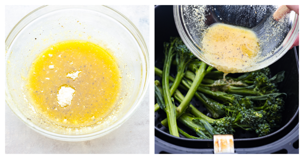 This super-easy side dish is delicious, full of flavor, and has the perfect crispy crunch on the outside. This air fryer broccolini takes less than 10 minutes to make and can be paired with just about any meal! 2 pictures showing how to make the seasoning sauce and how to pour it onto the broccolini.