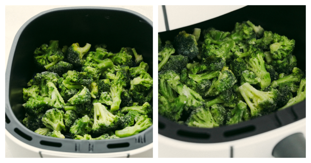 Air fryer frozen broccoli is so easy and delicious! Whip up that classic roasted broccoli texture and flavor with no mess (and in under 10 minutes!) so that it can go with any meal! 2 pictures showing how to add and cook froen broccoli in the air fryer.